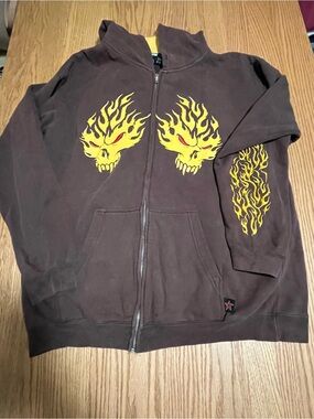 Vintage Top Heavy Hoodie Sweatshirt Mens L Brown Flames Skulls Y2K Skate Grunge